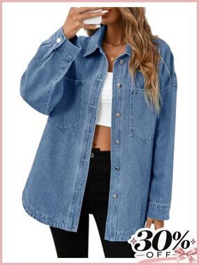 Oversized Denim Shirt Jacket Button Down Long Sleeve Cotton Shacket